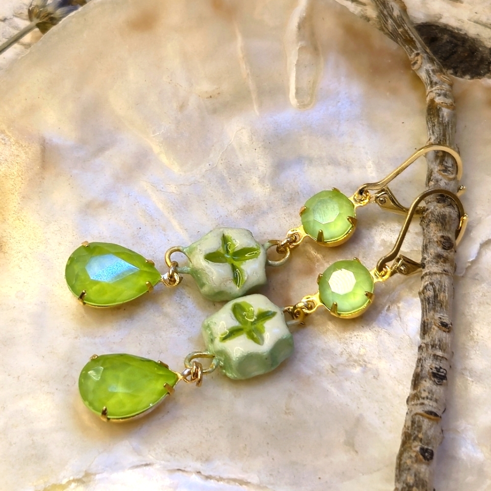 Hand Crafted Apple Green Victorian Three Tier Earrings With Swarovski Crystals